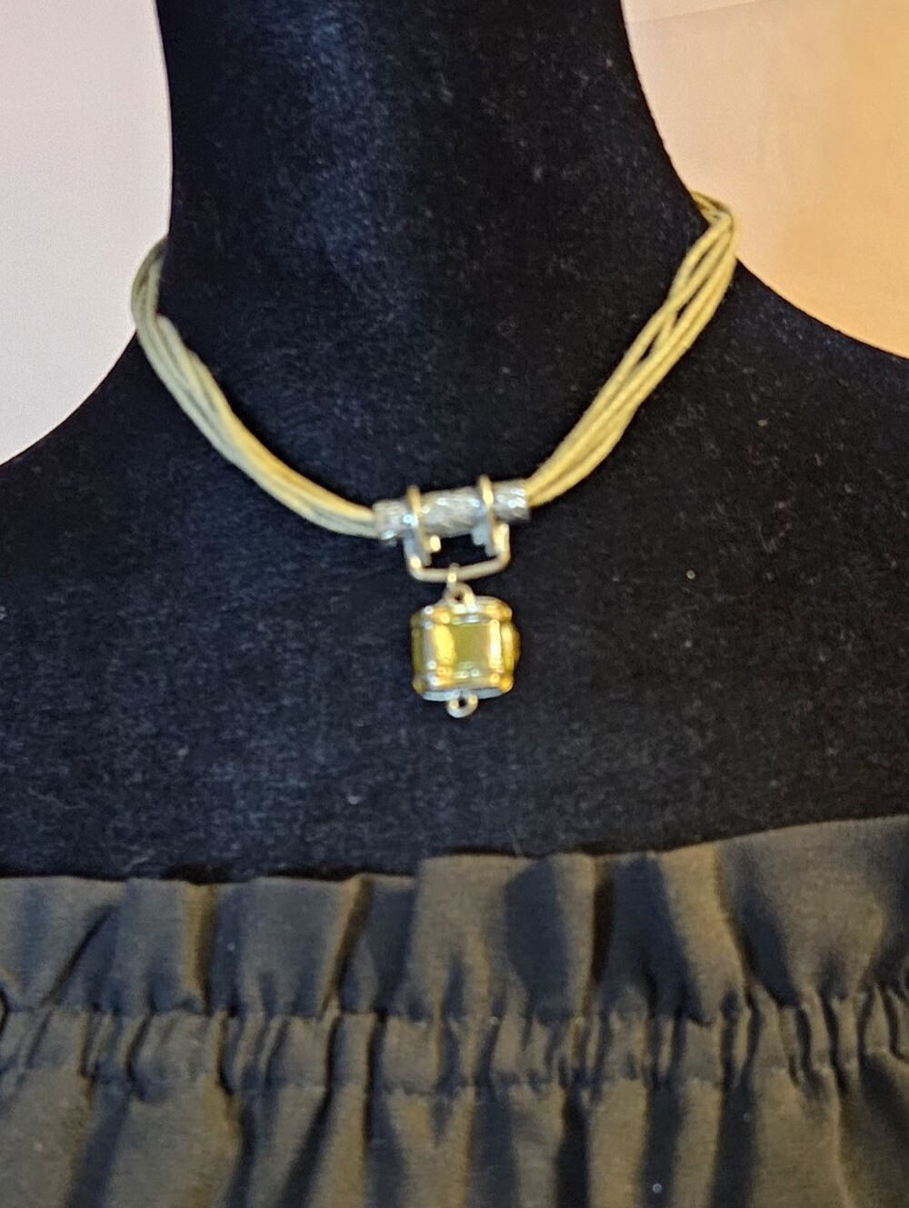 Chico's Style Boho Multi Strand Cord Choker Necklace Amber Yellow Glass Pendant